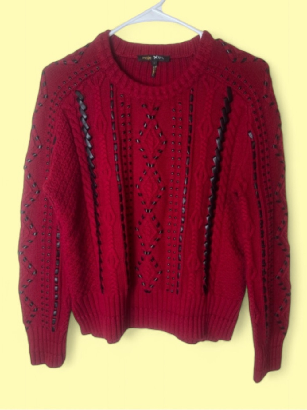 Maje Red Knit Sweater with Faux Leather Braiding Size 2/US M